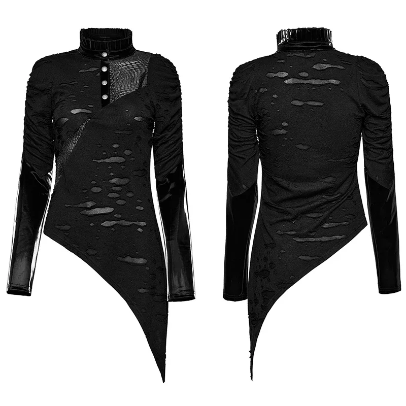 PUNK RAVE Women\'s Punk Decayed Knit Pleated Collar Design Irregular Slim Tee Sexy Black Gothic Daily Tops Women Clothes