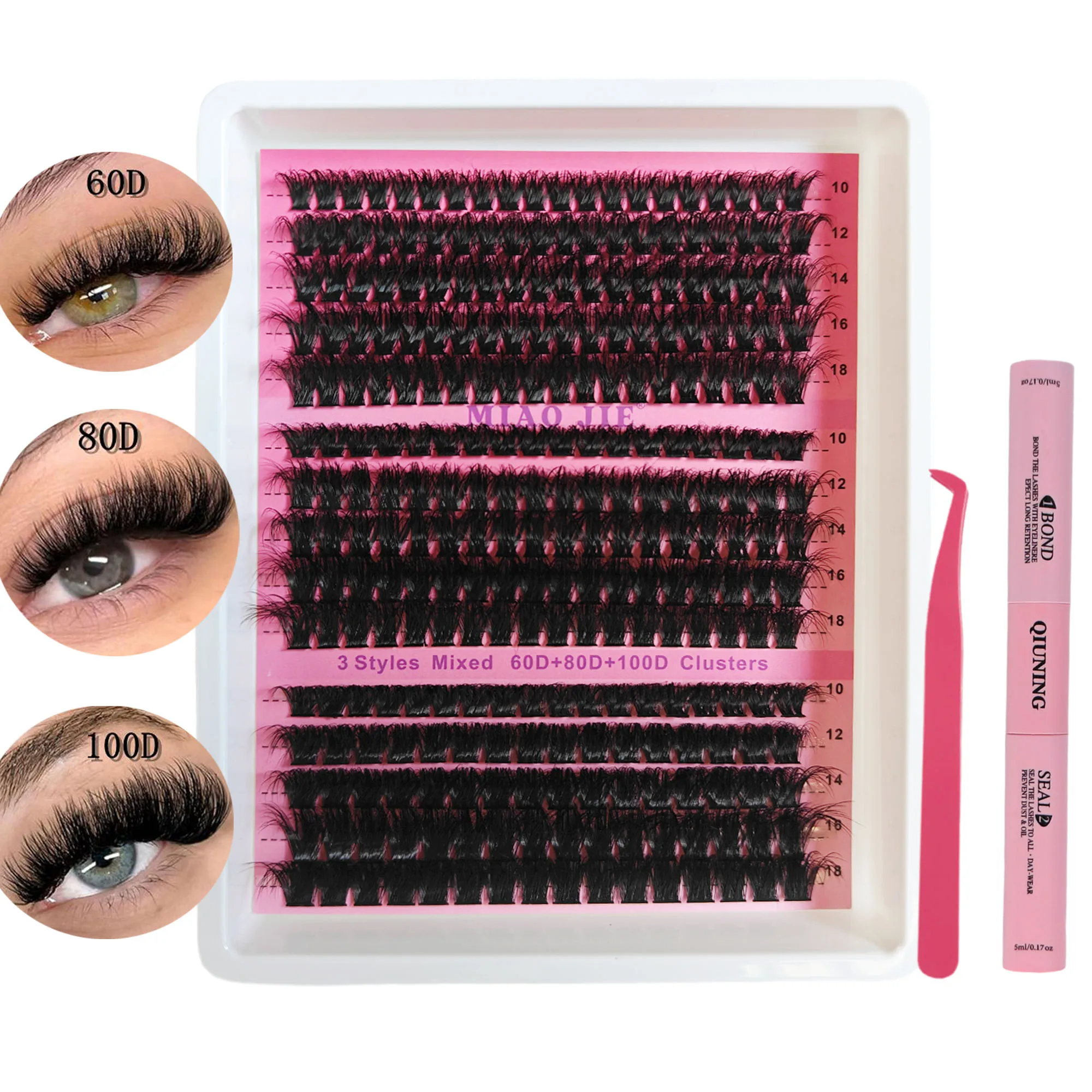 

QIUNING 3D Cluster Lashes Kit Fluffy Individual Lashes Volume Mixed Tray Lashes Eyelash Extension Makeup Kit Bond & Seal