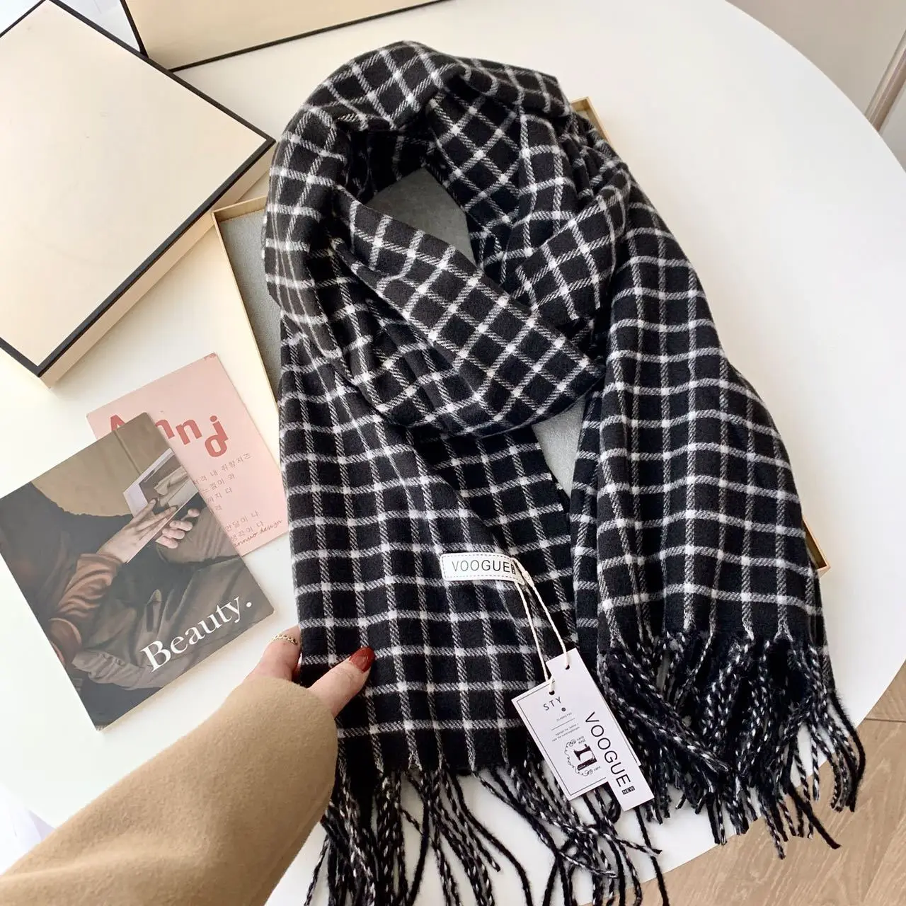 

Maillard Style Faux Cashmere Scarf - Women's Korean-Style Plaid Tassel Versatile Fall Winter Warm Shawl