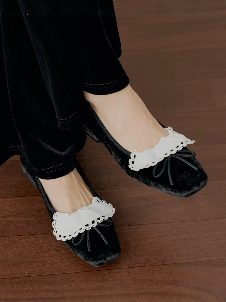 Chico Sweet Style Retro Leopard Print Velvet Ballet Shoes with Bowknot And Lace Trim Square Head Japanese Style Flat Heels
