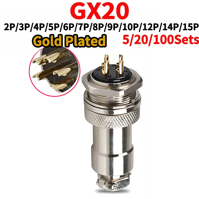 

5/20/100 Sets Gold Plated GX20 Aviation Plug Circular Connector Set - Male & Female - 2-15 Pins - Electric Wire Connector