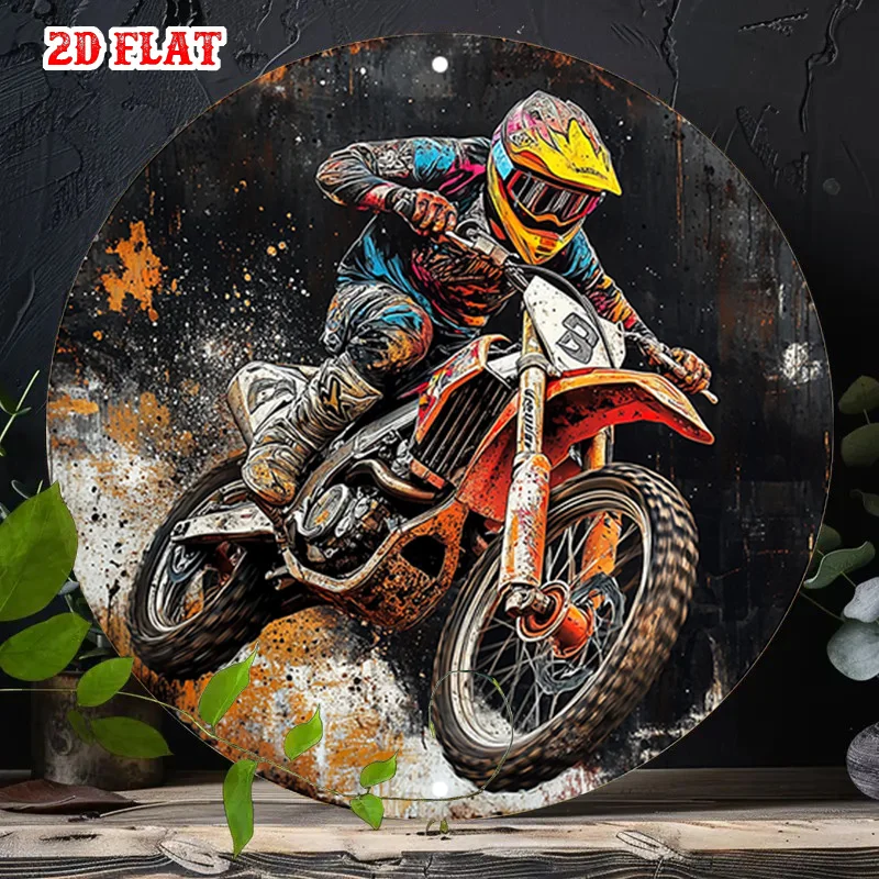 2D Flat - Round Aluminum Sign Featuring a 2D Flat Design of a Dirt Bike, Showcasing a Rider in Action. This Decorative Plaque Is