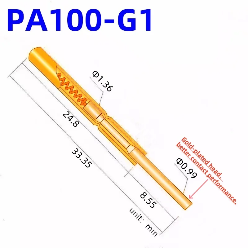 20/100PCS PA100-G1 Spring Test Probe PA100-G Test Pin P100-G P100-G1 Test Tool 33.35mm 1.36mm Needle Gold Tip 0.99mm Pogo Pin