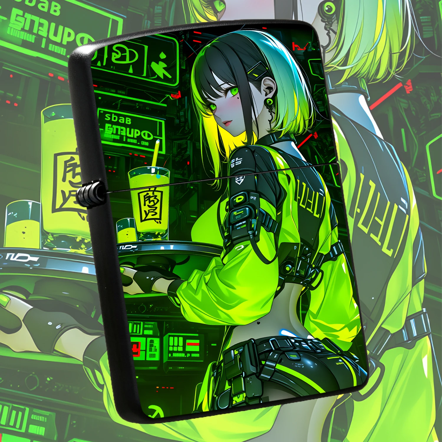 Cyber Fluorescent Green Anime Themed Lighter, Cool Neon City Creative Print, Portable Versatile Ignition Tool For Daily Outdoor Gatherings, Exquisite Trendy Souvenir Gift For Anime Lovers, Delicate Stylish Accessory For All Scenarios Intere