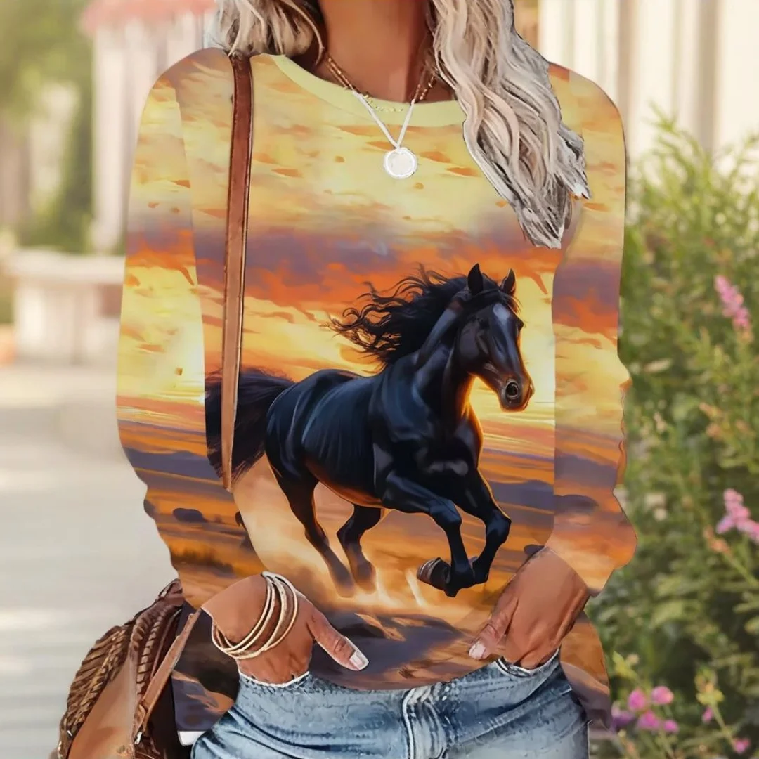 

Animal-print Women's Long-sleeve T-shirt 3D Horse Print Round-neck Top Autumn Women's Clothing Fashionable Women's T-shirt