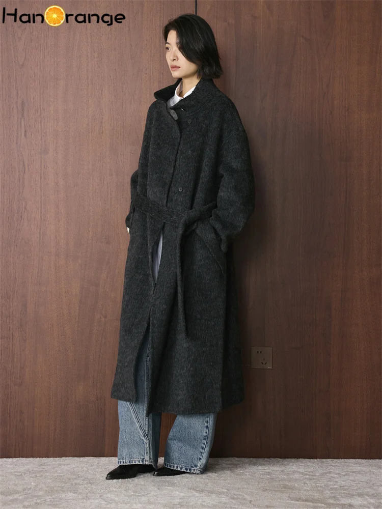HanOrange 2026 Winter Simple Fashion Stand Collar Double Woolen Wool Coat Women with Belt Warm Coat Apricot/Floral Gray