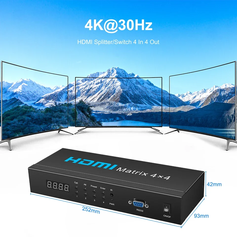 HDMI Matrix 4x4 4K@30Hz HDMI Matrix Switcher 4 In 4 Out Box with IR Remote Control