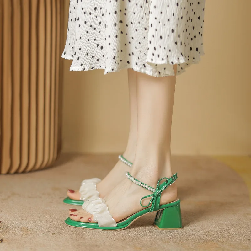 2023 New Summer Fashion Chunky Heel Sandals Female Fairy Wind Bow Pleated Pearl High Heel Sandals Women Shoe