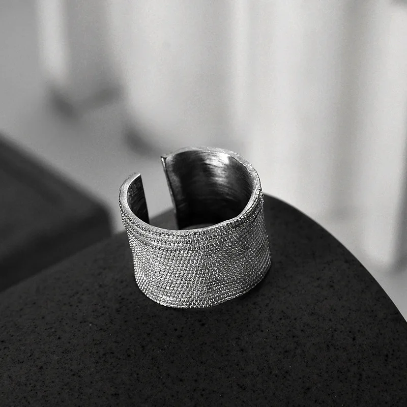 S925 Sterling Silver Pitted Dot Ring Women's INS Cold Wind Open Matte Brushed Index Finger Ring Personalized Fashion Jewelry