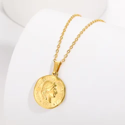 Stainless Steel Portrait Queen Coin Necklace Fashion Gold Color Round Coin Carved Queen Pendant Choker Waterproof Female Jewelry