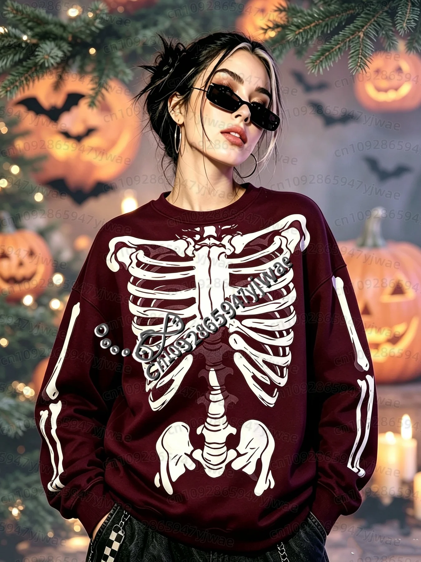 26 Damen Grunge Y2k Oberteile Mädchen Y2k Sweatshirt Goth Damen Hoodies Halloween Cosplay Skelett Knochen Vintage O-Neck Sweatshirt – Detail 7