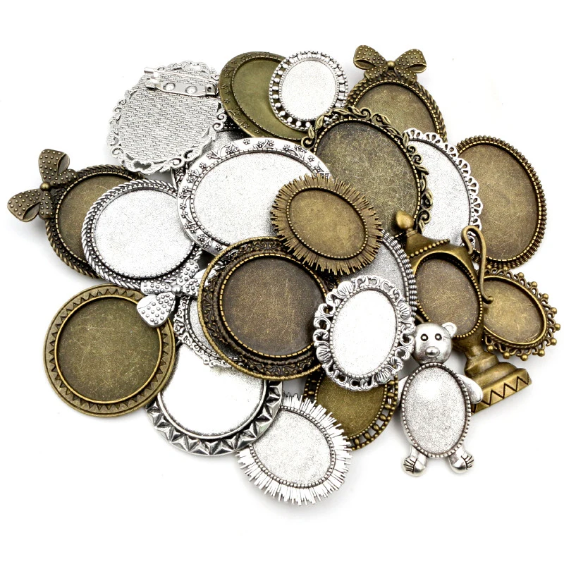 

5pcs Random Mixed 18x25mm 30x40mm 30mm Inner Size Oval/Round Antique Silver Color Bronze Pin Brooch Pierced Base Setting Pendant