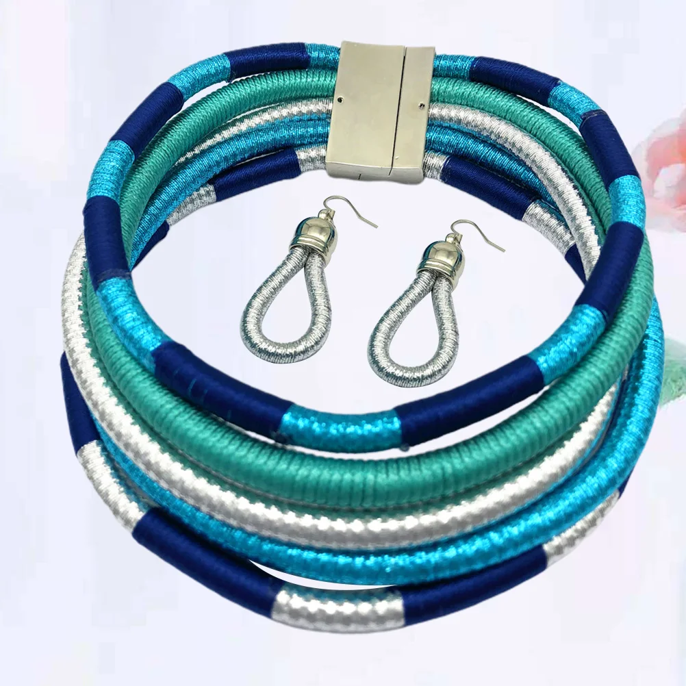 

1 Set Sky-Blue Multilayer Weaving Necklace Earrings Set African Style Handmade Jewelry For Women Party Beach Daily Wear Gift