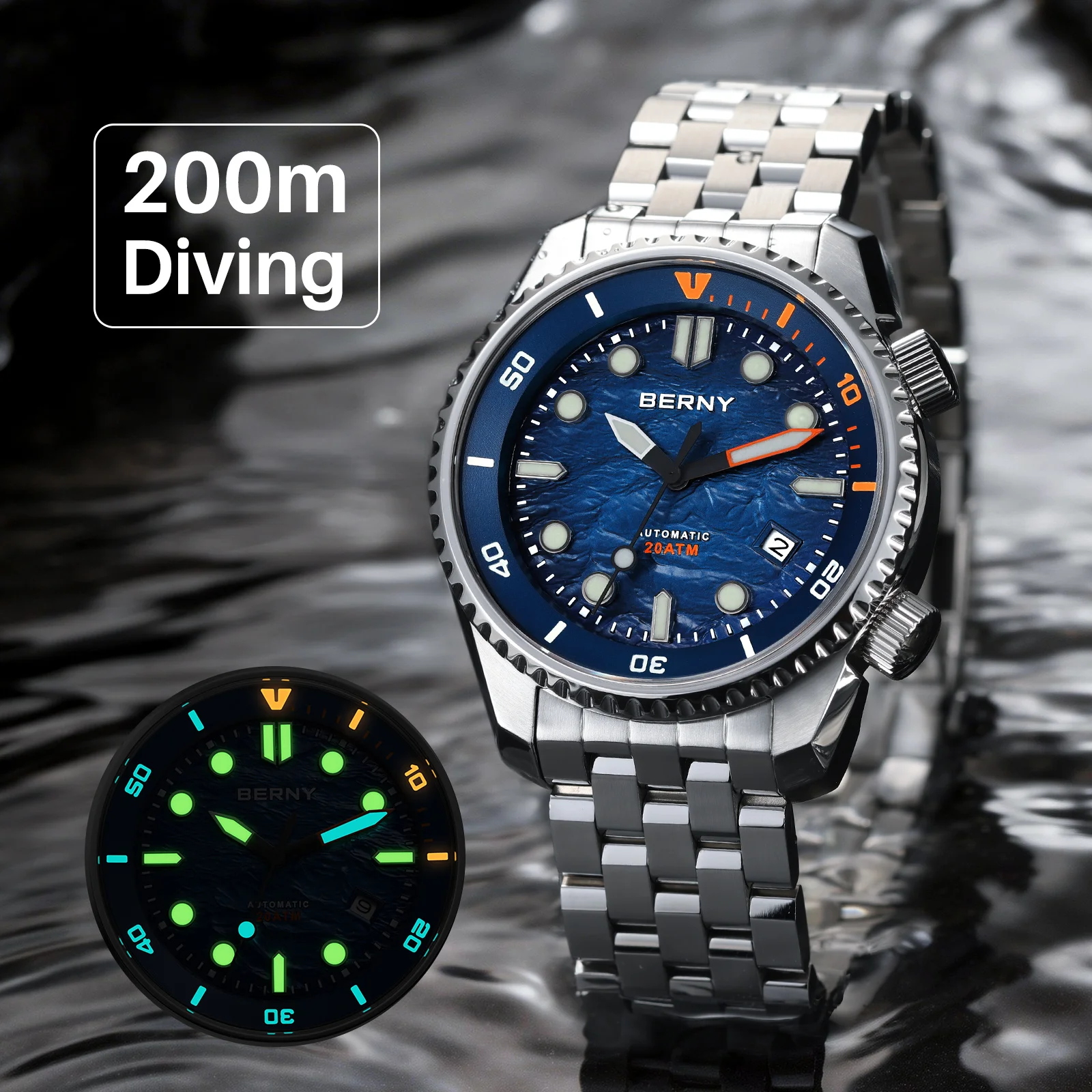 BERNY Automatic Diver Watch for Men Top Luxury Sapphire 316L Steel New Wave Dial 200M Waterproof Mechanical Diving Men's Watches