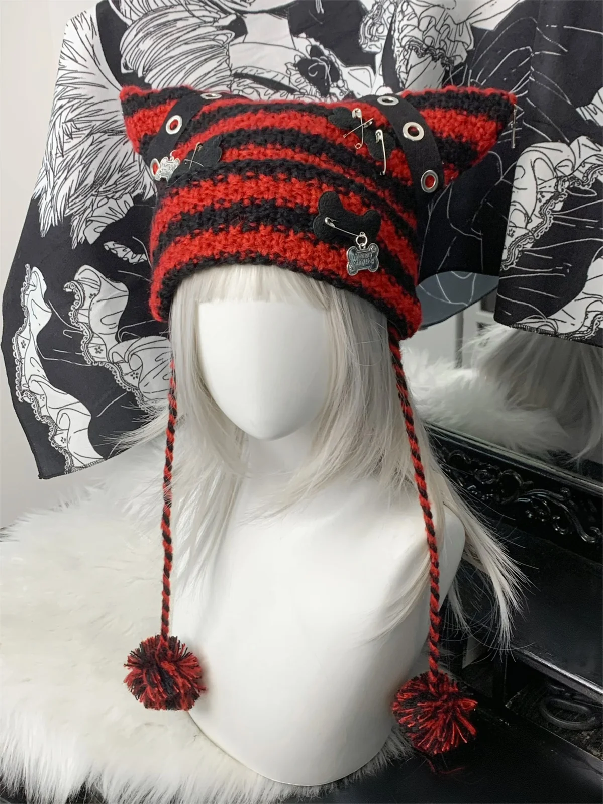 Harajuku Gothic Punk Striped Little Devil Knitted Women Hat Winter Warm Cat Ears Caps Y2k Japanese Cross Bone Kawaii Beanie Hats