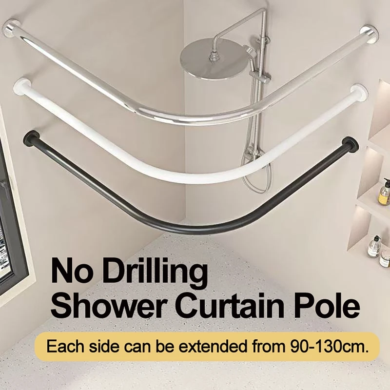 Drill-Free Stainless Steel Extendable Curved Shower Curtain Rod L-Shaped Corner Dressing Room Rod, Roman Curtain Rod Black