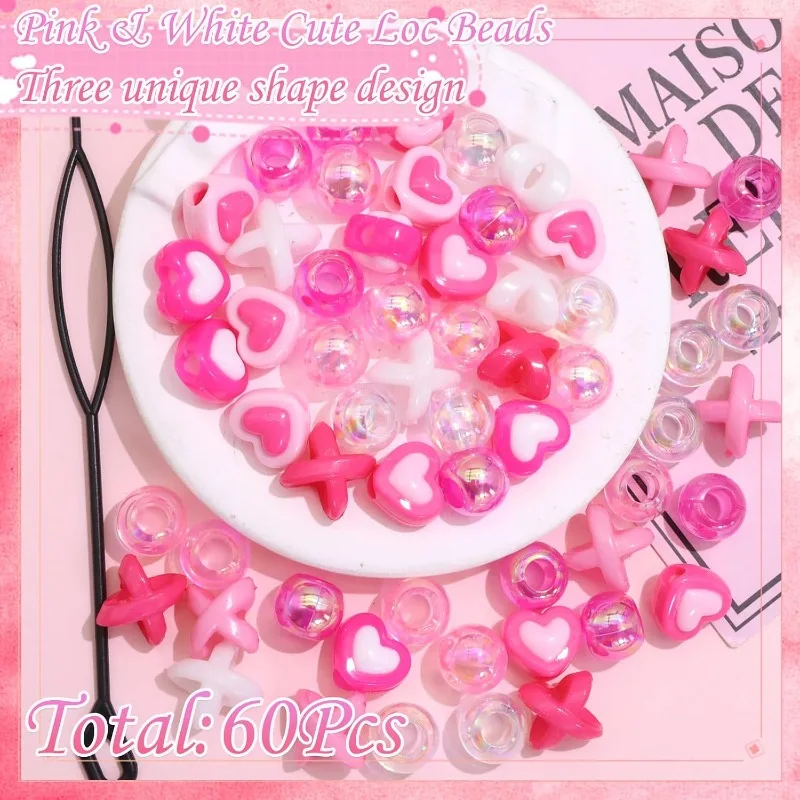 60PCS Heart & X & Iridescent Hair Beads Kit for Braids, Acrylic Pony Beads with Beader Tool for Kids Box Braids, Dreadlock Decor