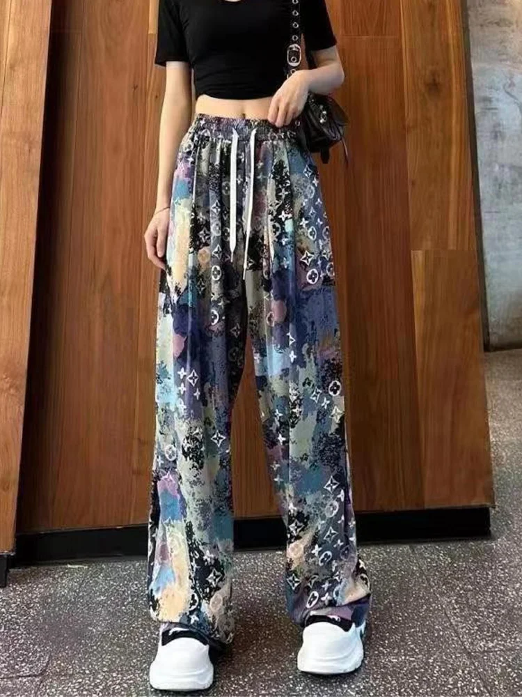 

2023 Summer New High Waist Wide Leg Pants Women Tie-Dye Floral Drape Loose Pants Thin Fashion Slim Sunscreen Mopping Pants