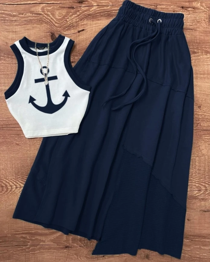 

2 Pieces Contrast Paneled Anchor Print Sleeveless Tank Top and Drastring Strechy Waist Skirt Set