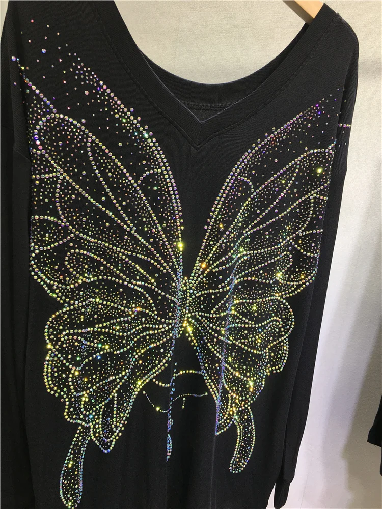 Y2k Coat Rhinestone Sweatshirt Light Luxury Butterfly V-Neck Top Black Loose Mid-Length Slimming Autumn Winter Hoodies Outerwear