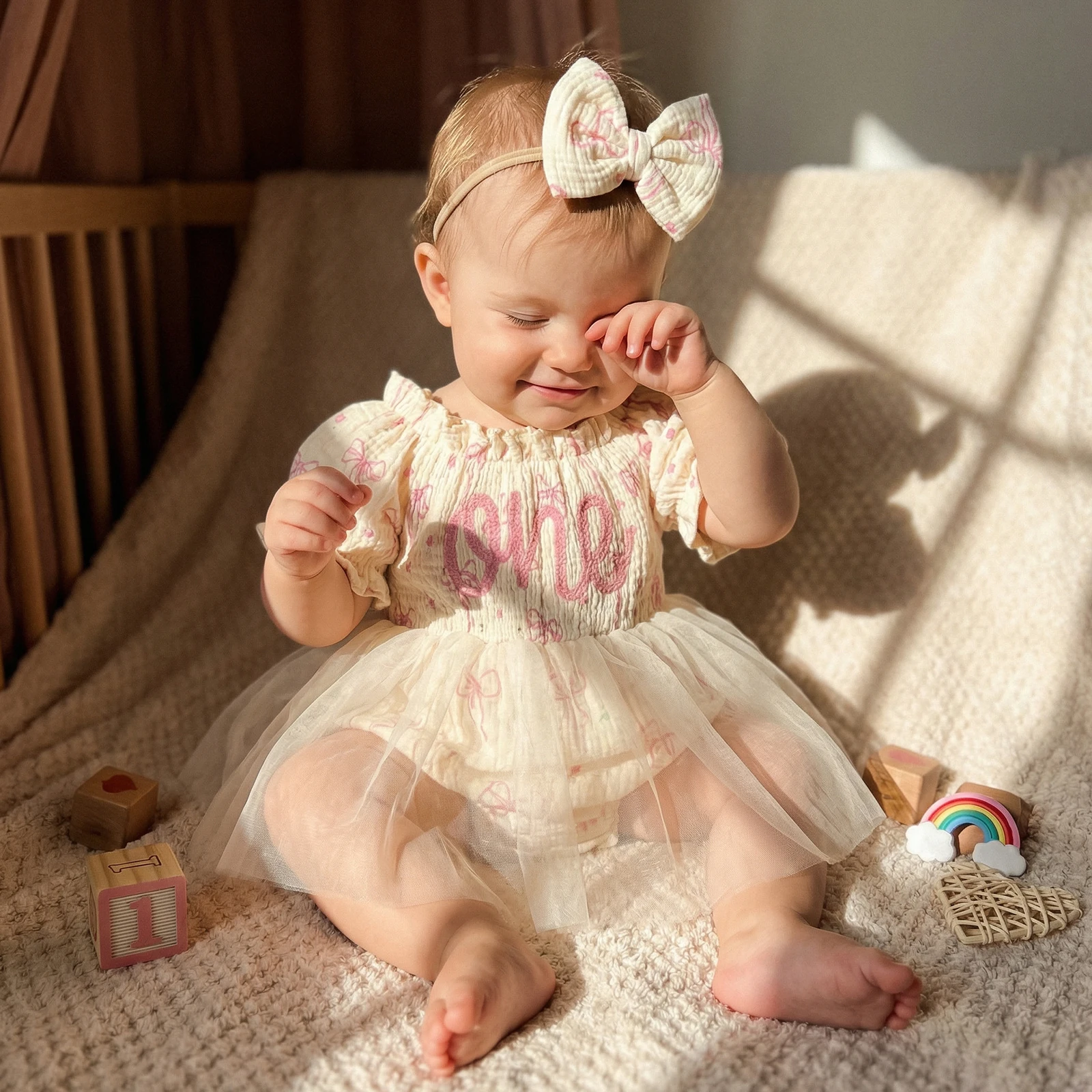 Infant Baby Girl Summer Bodysuit Dress Cute Letter Embroidery Bow Print Short Sleeve Smocked Romper Dress Headband 2Pcs Set