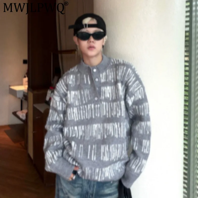 MWJLPWQ Men's Loose Relaxed Autumn Winter Sweater Jacquard Letter Pattern Half-Open Collar American Trendy Sport Tops 21509