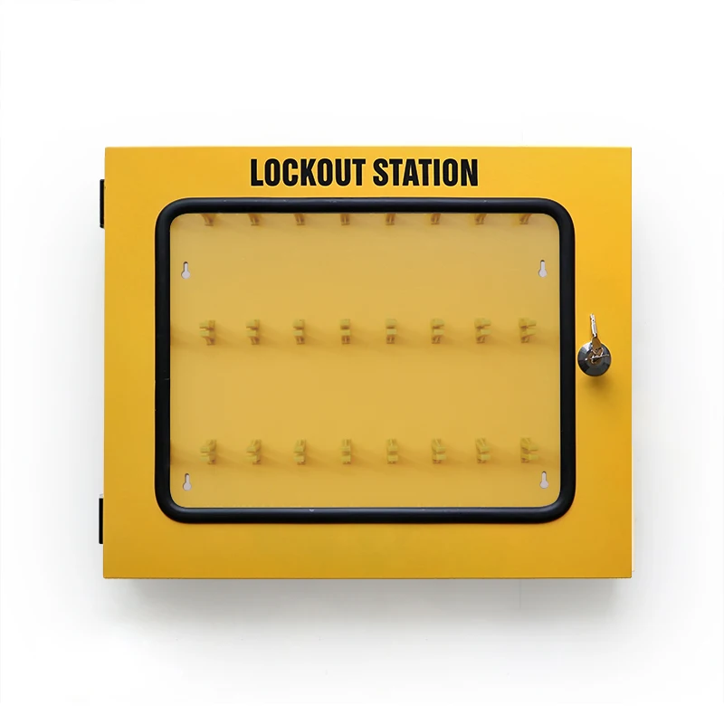 

Metal Wall Mounted Lockout Station 30 Lock Clips Clear Shows for LOTO Appliance Tools Storage Box Yellow Base Transparent Window