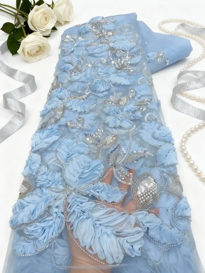 

African Luxury 3D Lace Fabric 2025 High Quality Lace Material French Nigerian Beads Sequin Lace Fabrics for Women Party Wedding