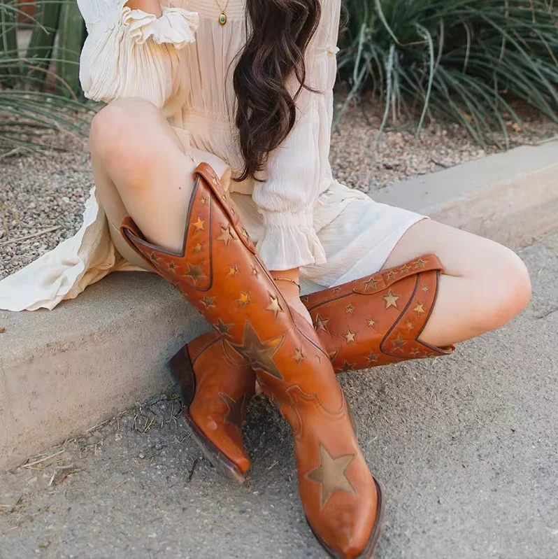 Leather Cowboy Boots Mid Calf Five-pointed Star Brown Embroidery Western Cowgirls Boots Women Shoes Botas Mujer