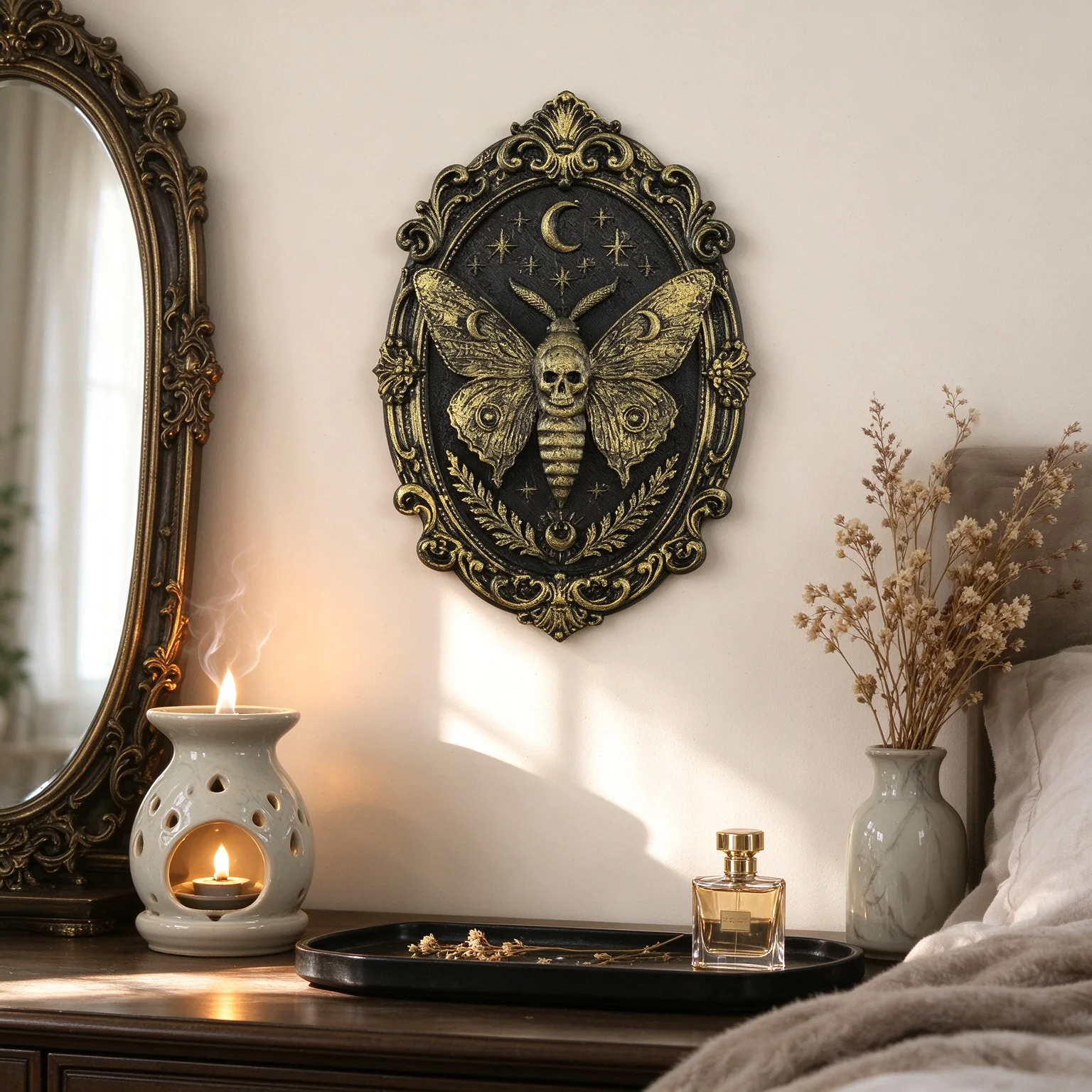 Gothic Death Head Moth Wall Decor, Black Gold Plastic Oval Baroque Frame Wall Art for Dark Academia Witchy Home Decor