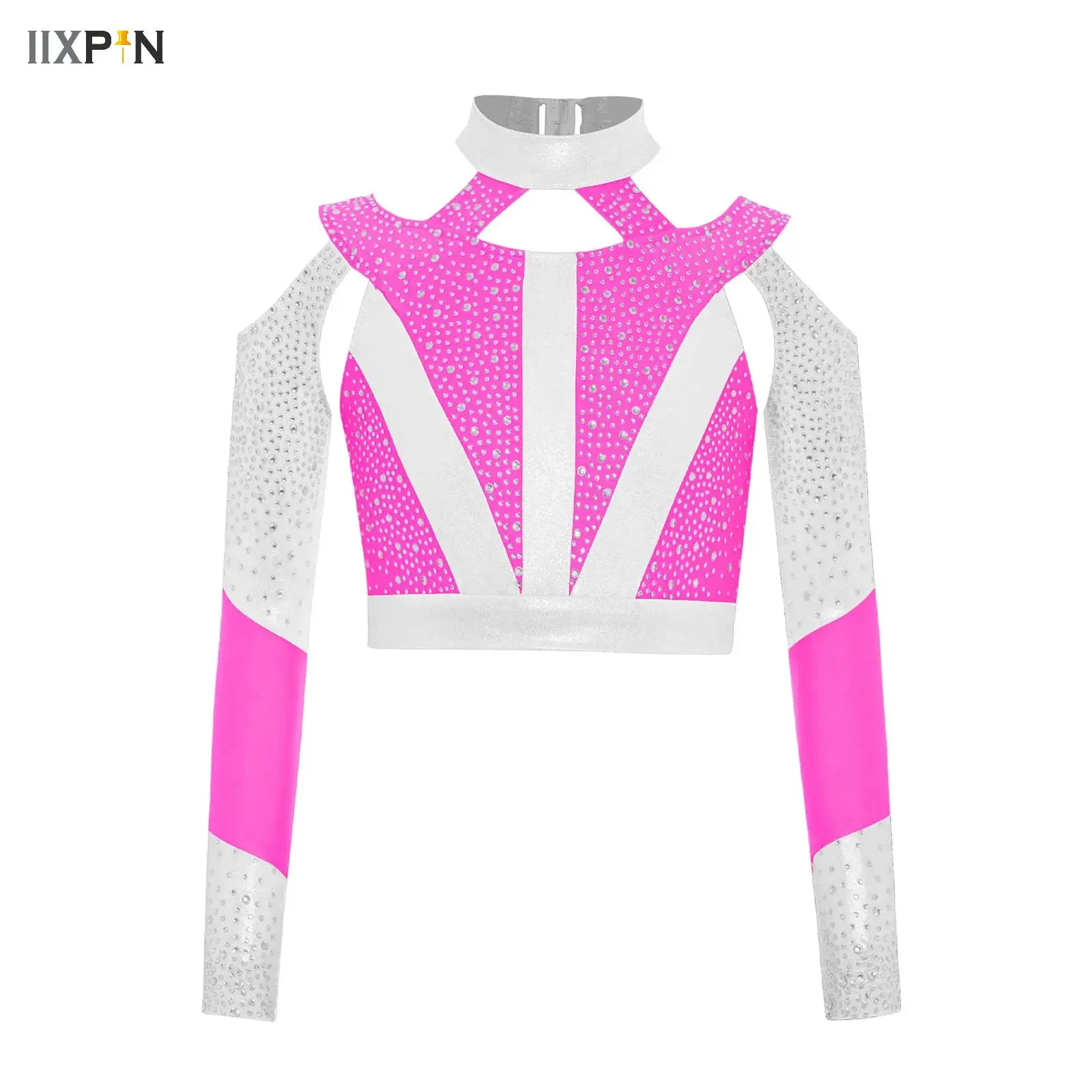 

Kids Girls Gymnastics Ballet Dance Crop Tops Shiny Rhinestone Long Sleeve Yoga Sport Workout T-shirts Top Performance Costume