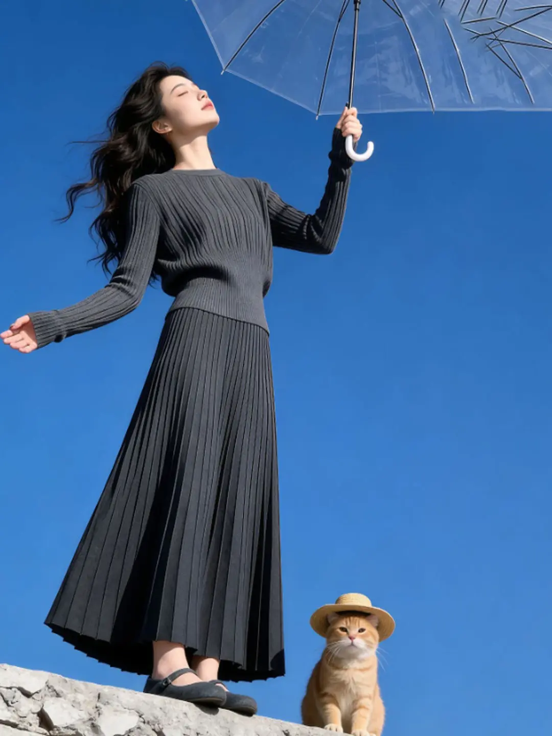 

Вязаный комплект из свитера и юбки: зимний повседневный стиль, комфортный, длинный рукав, круглая горловина, средняя талия