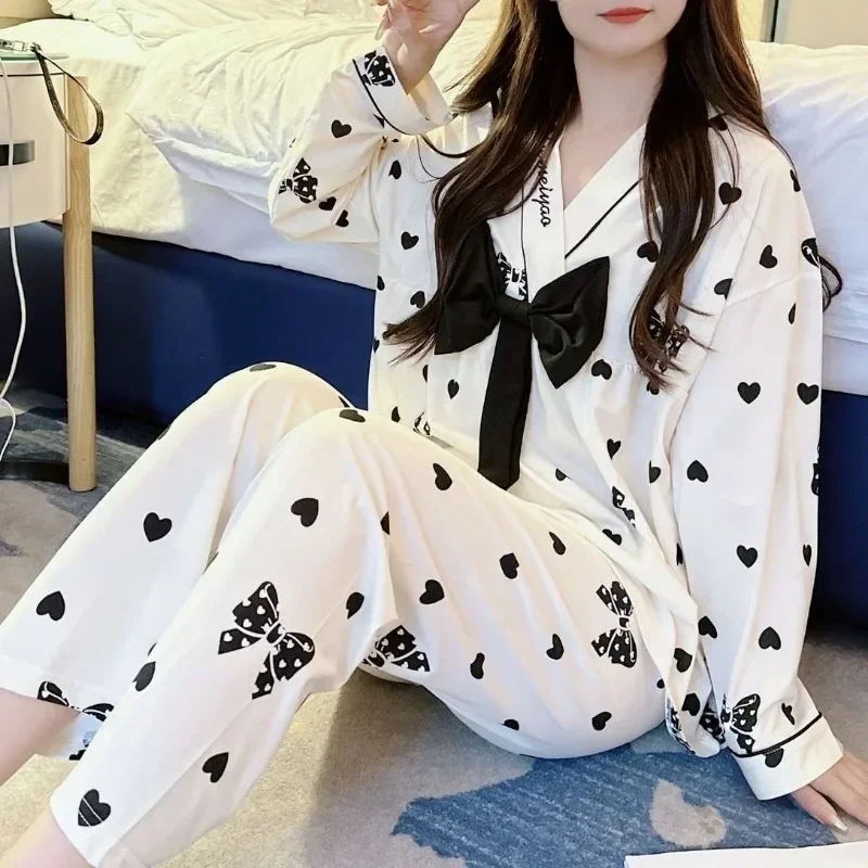 Spring Autumn Sweet Pajamas Loose V-neck Bow Korean Style Long Sleeve Women\'s Sleepwear Set Female Large Size 6xl Homewear Suit