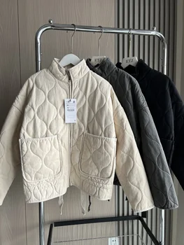 Women's Polyester Padded Jacket 2026New Arrival Vintage Lenzing Rayon High Collar Large Pocket Decorative Quilted Coat for Women 2