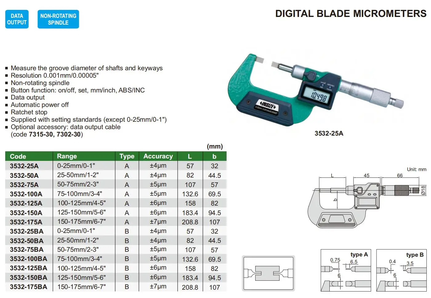 Insize 3532-25A/3532-50A/3532-75A/3532-100A/3532-125A Type A 0.75mm blade thickness Digital Blade Micrometers