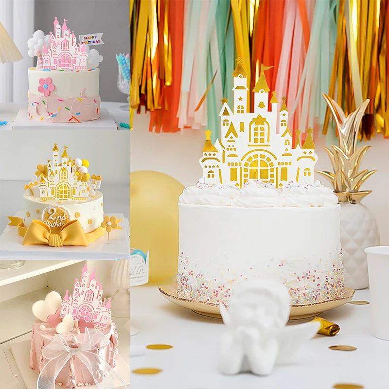 5Pc Cartoon Fairy Tale Castle Pink Gold Cake Decoration Princess Little Prince Happy Birthday Party Kids Cupcake Topper