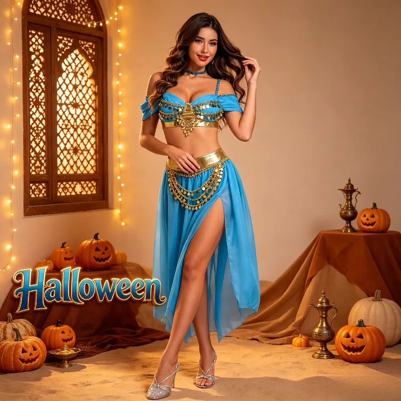 Arabian Princess Belly Dance Costume Set,Adult Halloween Cosplay Role Play Outfit,Stage Performance Dress for Holiday Party Show - view 2