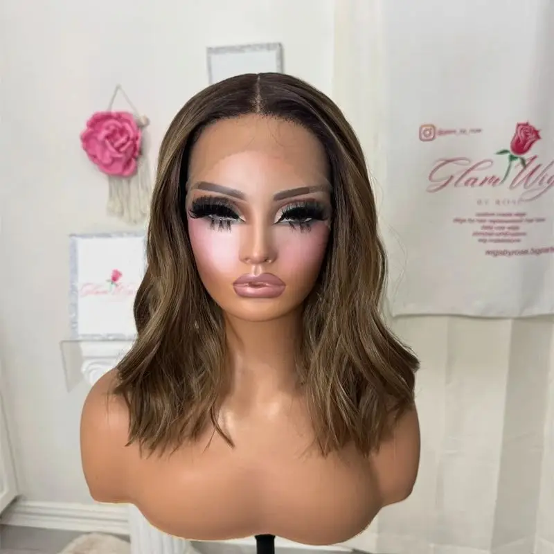 

Короткая волна Боб Омбре Каштаново-коричневый Выделенный Синтетический HD Парик Фронта Шнурка Натуральный Предварительно Сорванные Волосы Бесклеевые Мягкие Легко Носить