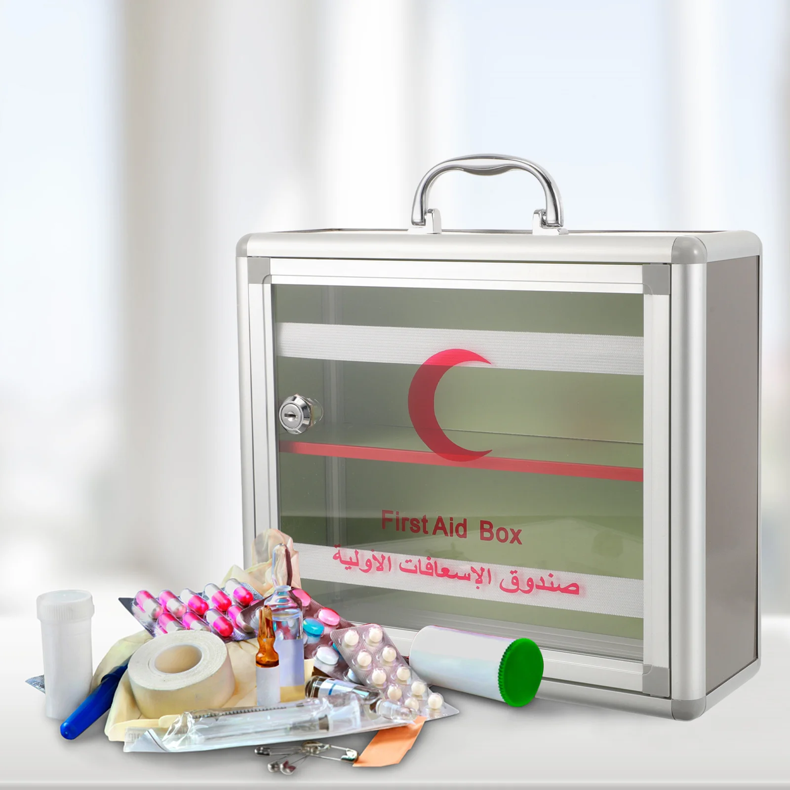 صندوق دواء الطوارئ من سبائك الألومنيوم الشفاف حقيبة تخزين مساعدة كبيرة محمولة قابلة للقفل للتعليق على الحائط المنزلي #2