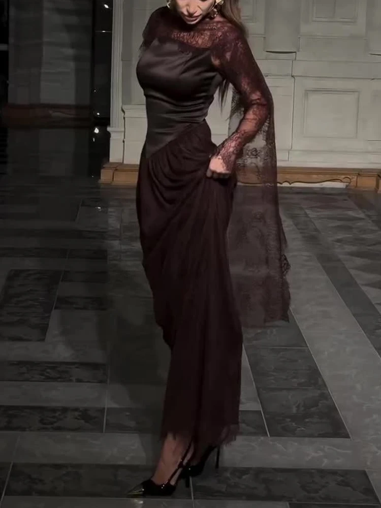 Dame elegante kant hoge kraag avondjurk sexy zijsplit toga's feestjurk mode hoge taille gedrapeerde slanke vloerlengte jurk