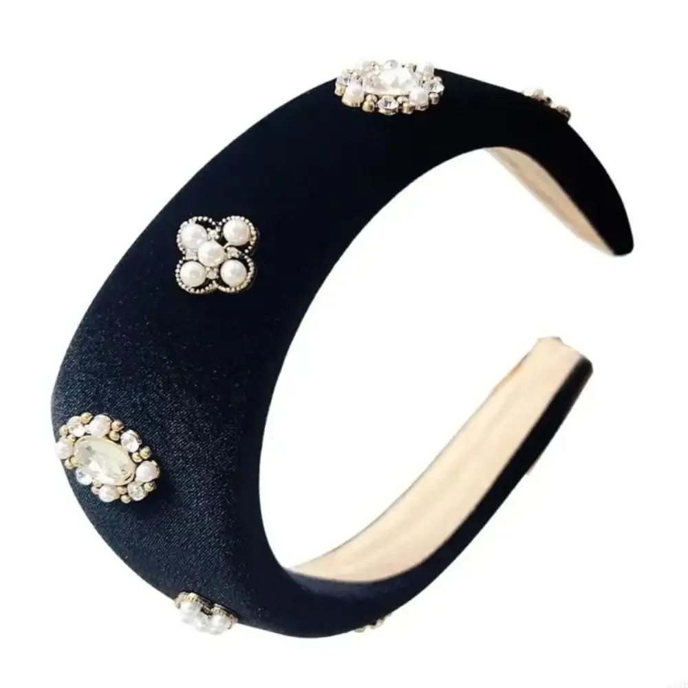 

Элегантная бархатная треугольная повязка на голову в стиле ретро, обруч для волос в стиле барокко, британская корона, классический головной убор, повязка для волос со стразами и жемчугом, банкетная повязка для волос