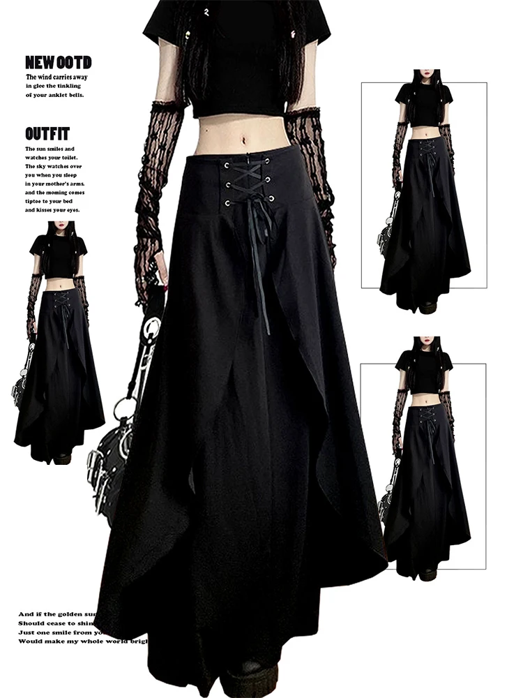 

Women's Black Gothic A-line Skirt Vintage 90s Aesthetic Streetwear Y2k Long Skirt Harajuku Korean Emo Skirt 2000s Clothes 2024