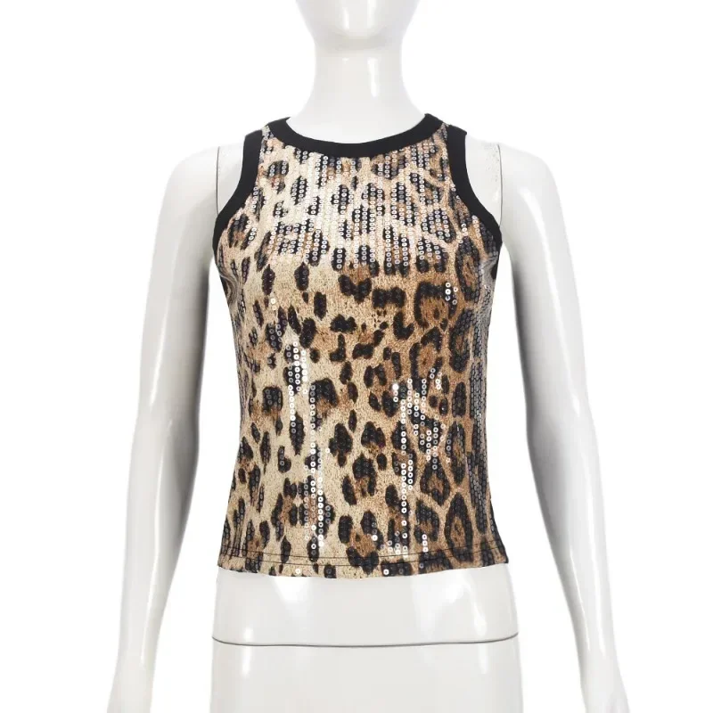 Leopard Print Sequins Patchwork Ribbed Tanks Crop Tops Women Sexy O-neck Sleeveless Stretch Casual Streetwear Tees Clubwear