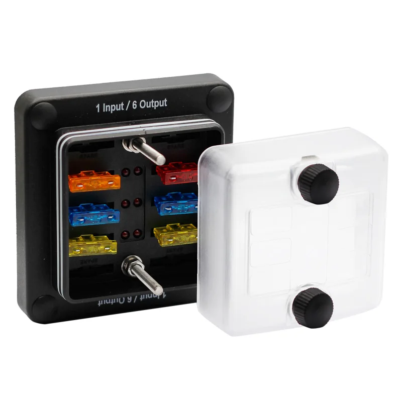 1in 6out Circuit Marine Fuse Box with IP65 Waterproof Protection Cover LED Warning Indicator for Car Marine RV Truck