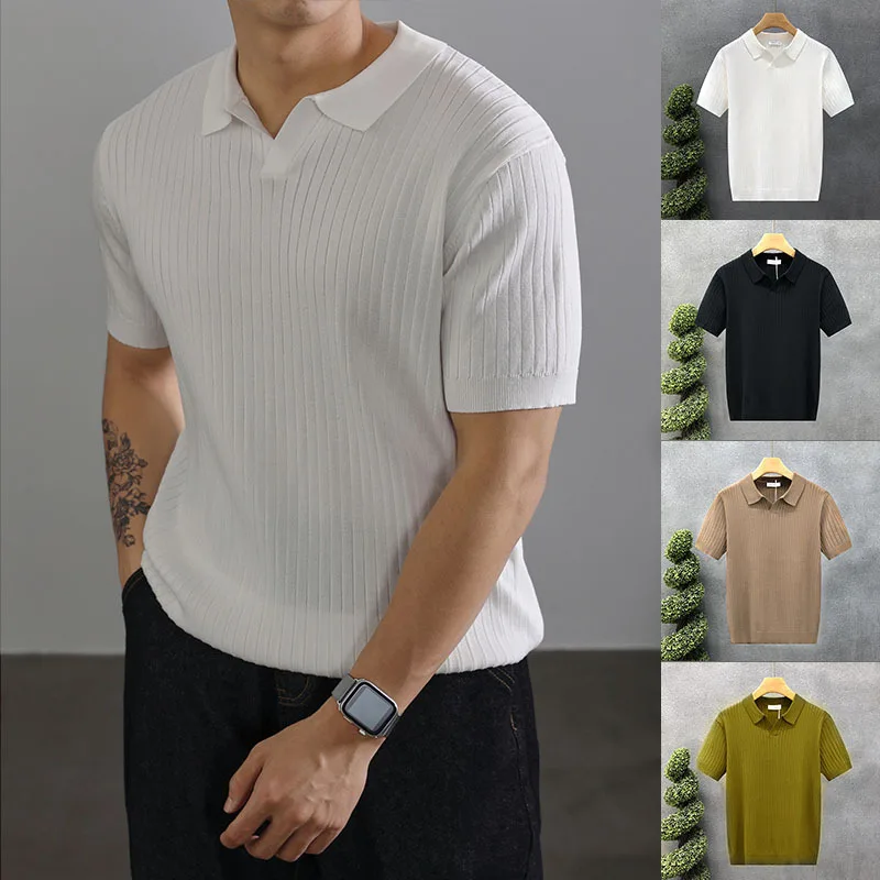 

2026 Spring Men's Ribbed Knit Polo Shirt Johnny Collar V Neck Old Money Style Ice Silk Breathable Short Sleeve Top