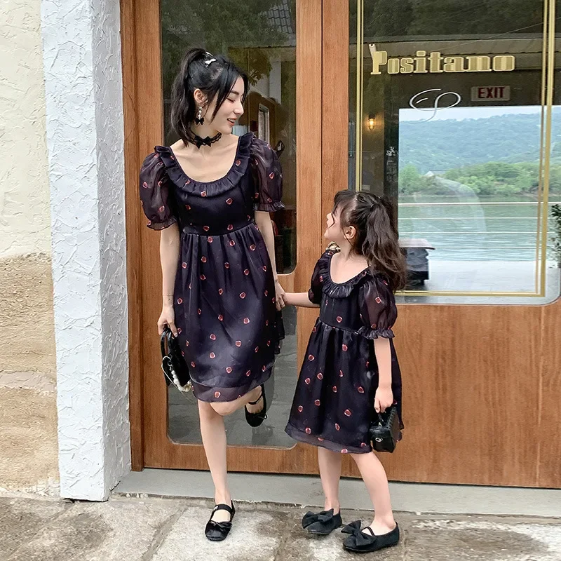 

Mother Daughter Matching Gothic Black Dress 2024 Women Party Summer Dresses Mom and Girl Baby Equal Elegant Clothing Princess