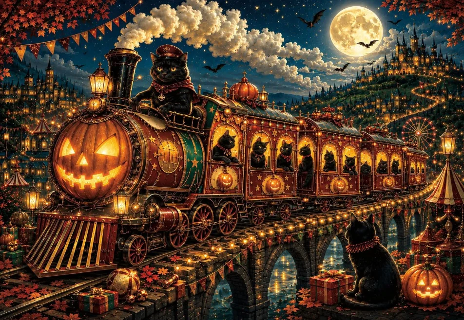 500/1000/1200/2000PCS Jigsaw Puzzle Halloween Pumpkin Train Black Cats Bats Castle And Ferris Wheel DIY Jigsaw Wall Present