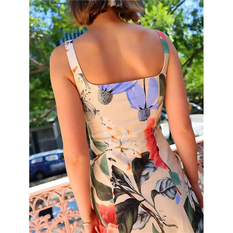 ABRT-เดรสยาวคอสี่เหลี่ยมแขนกุดลายดอกไม้ Flowy ของผู้หญิง A Line Maxi Dress