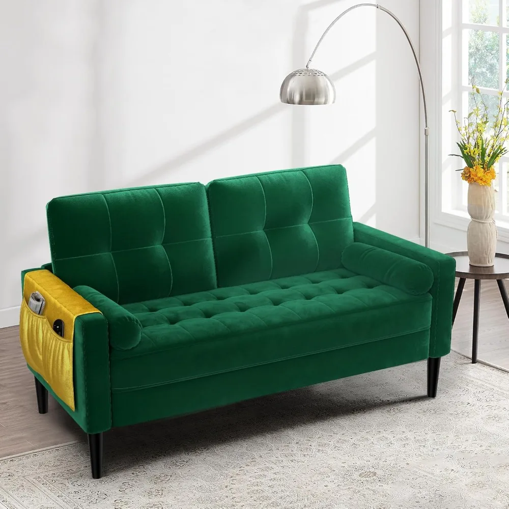 58 Inch Green Loveseat Sofa, 2 Seater Sofa for Small Space, Button Tufted Velvet Couch with 2 Pillows, Mid Century Modern