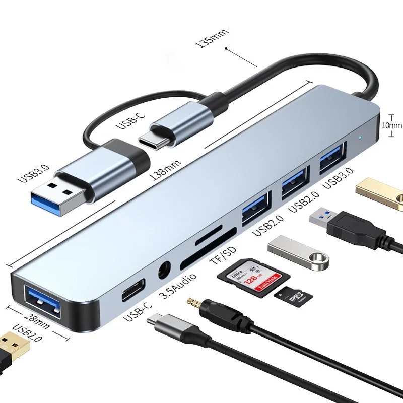 8-in-2 USB Type C HUB Docking Station met 3,5 mm audio-aansluiting Adapter Micro SD-kaartlezer Laptop Tablet Telefoon Schijfconverter